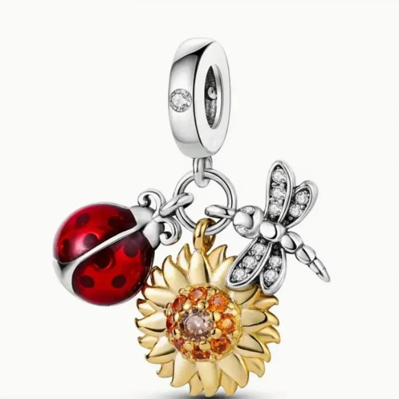 Beautiful 925 Silver Plated Beetle Dragonfly Sunflower Pendant charm with Chain - Picture 1 of 3